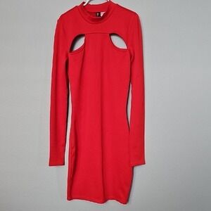 Divided Ribbed Mock Neck Vibrant Red Shoulder Cut Out Long Sleeve Mini Dress XS
